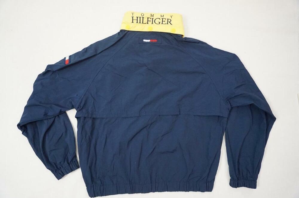 VINTAGE 90'S TOMMY HILFIGER MEN XL SPELLOUT LOGO/FLAG BLUE WINDBREAKER JACKET